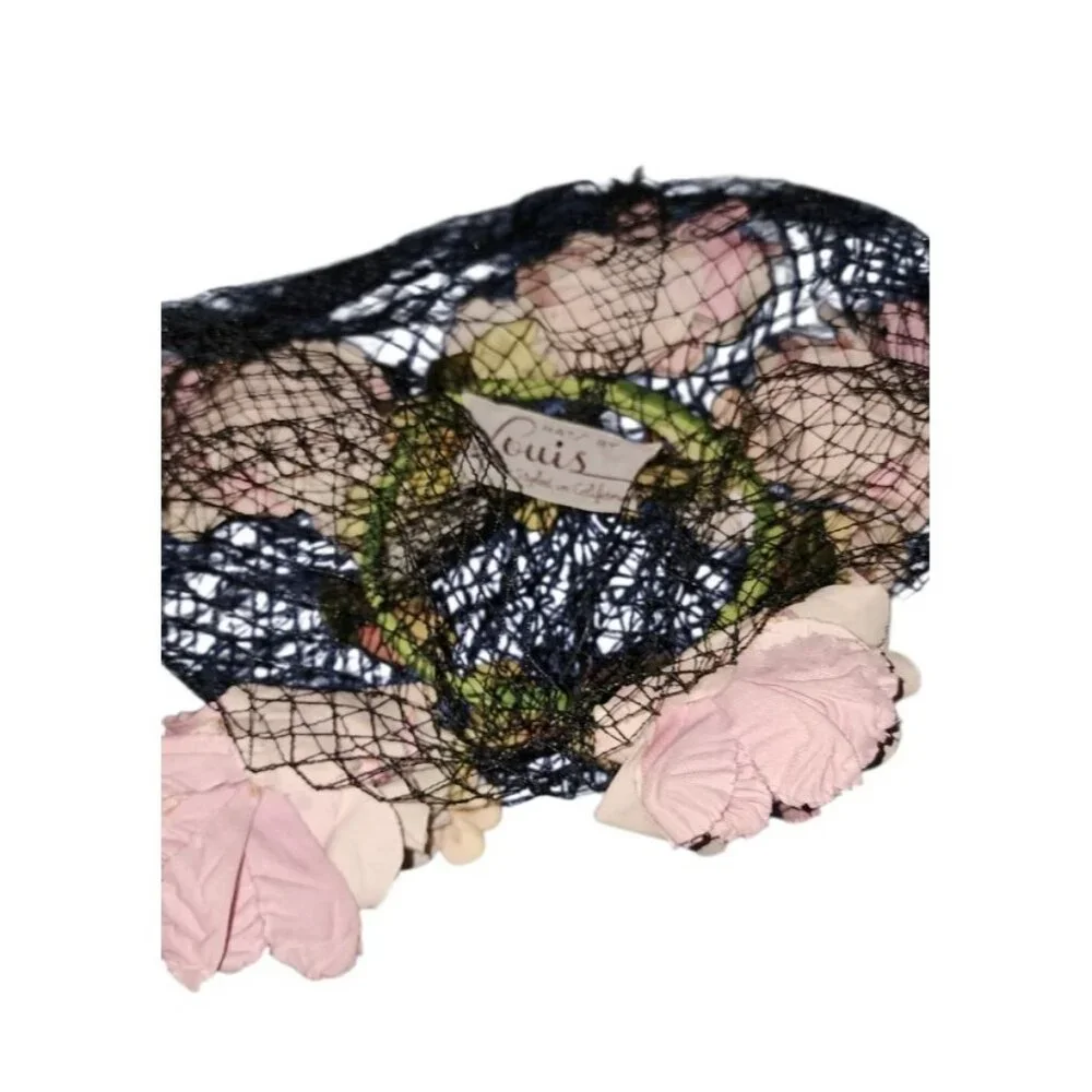 LOUIS Styled in California Vintage Floral Hat Black Net Pink Silk Roses